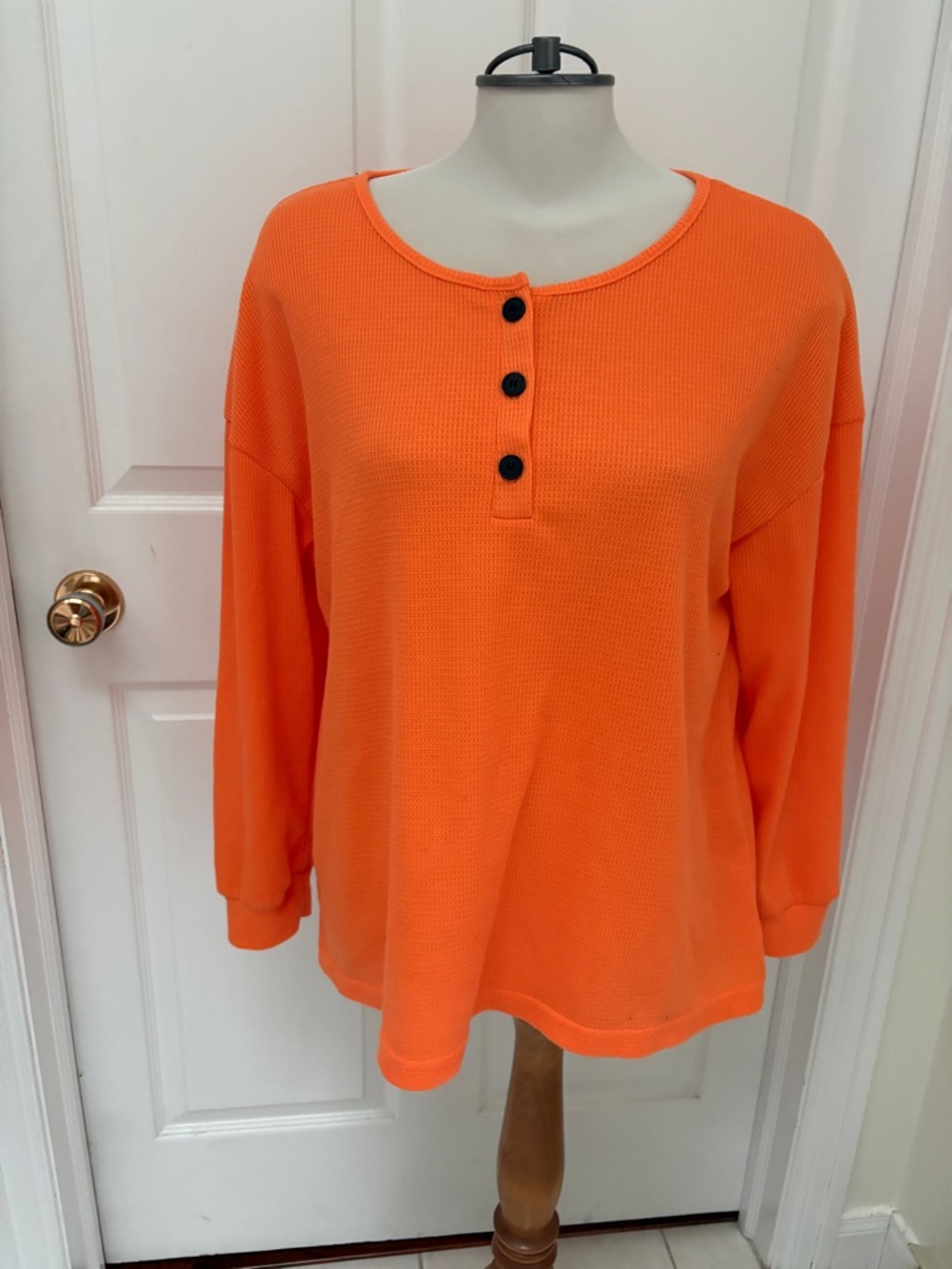 Women's Orange Waffle Henley Top - Classic Button Front